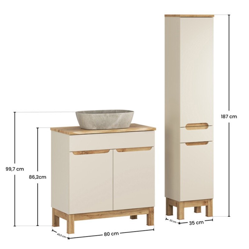 Set mobilier baie Bali Cashmere, MDF, PAL melaminat, cashmir mat/stejar wotan, blat natural wotan, L.60 cm, lavoar Anna, dulap inalt H.187 cm, SET-BAC B NAT WOTAN 80CM UN ANNA HC