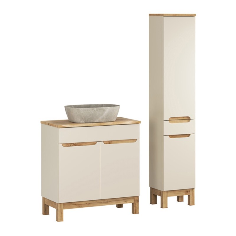 Set mobilier baie Bali Cashmere, MDF, PAL melaminat, cashmir mat/stejar wotan, blat natural wotan, L.60 cm, lavoar Anna, dulap inalt H.187 cm, SET-BAC B NAT WOTAN 80CM UN ANNA HC