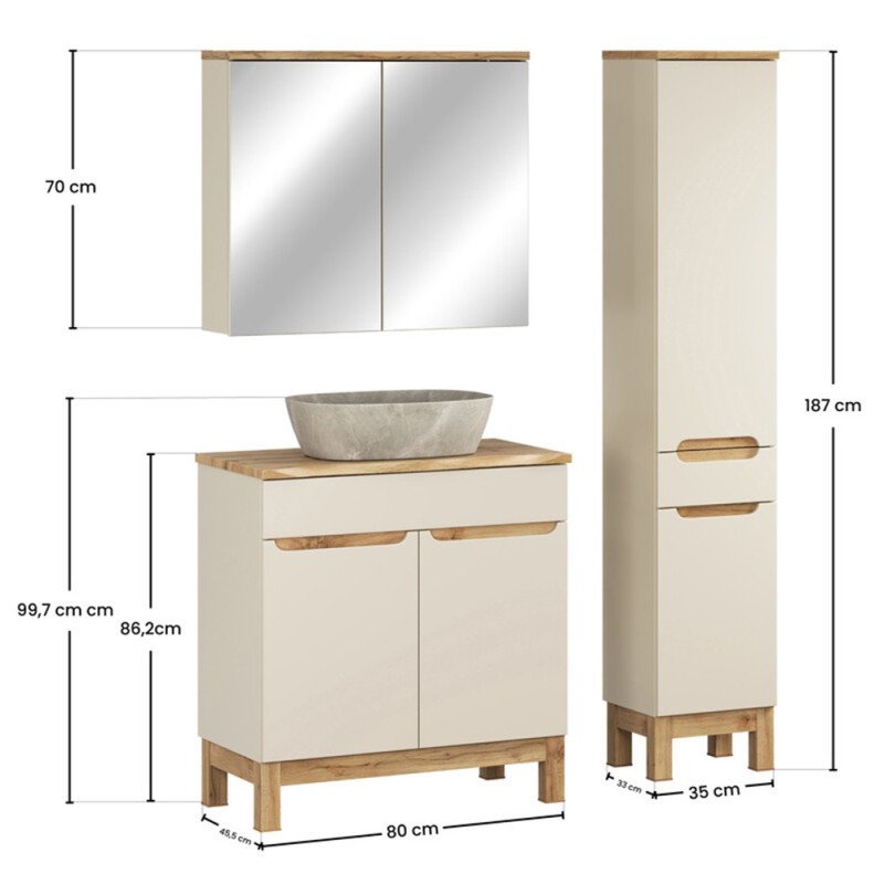 Set mobilier baie Bali Cashmere, MDF, PAL melaminat, cashmir mat/stejar wotan, blat natural wotan, L.80 cm, lavoar Anna, dulap inalt H.187 cm, SET-BAC B NAT WOTAN 80CM UN ANNA HC MC