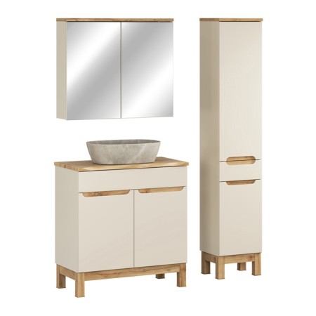 Set mobilier baie Bali Cashmere, MDF, PAL melaminat, cashmir mat/stejar wotan, blat natural wotan, L.80 cm, lavoar Anna, dulap inalt H.187 cm, SET-BAC B NAT WOTAN 80CM UN ANNA HC MC