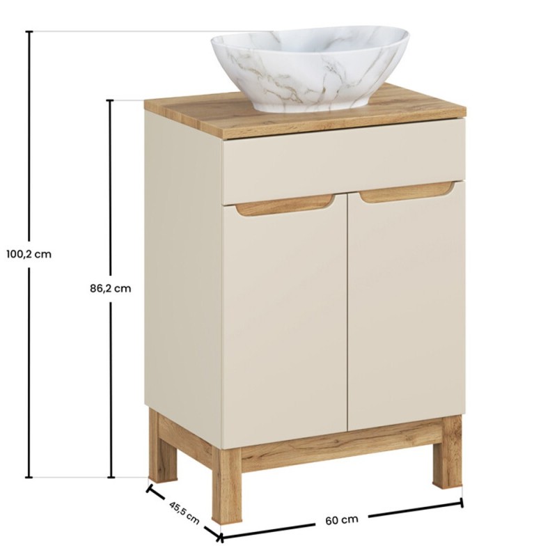 Set mobilier baie Bali Cashmere, MDF, PAL melaminat, cashmir mat/stejar wotan, blat natural wotan, L.60 cm, lavoar Pati, SET-BAC B WOTAN 60CM UN PATI