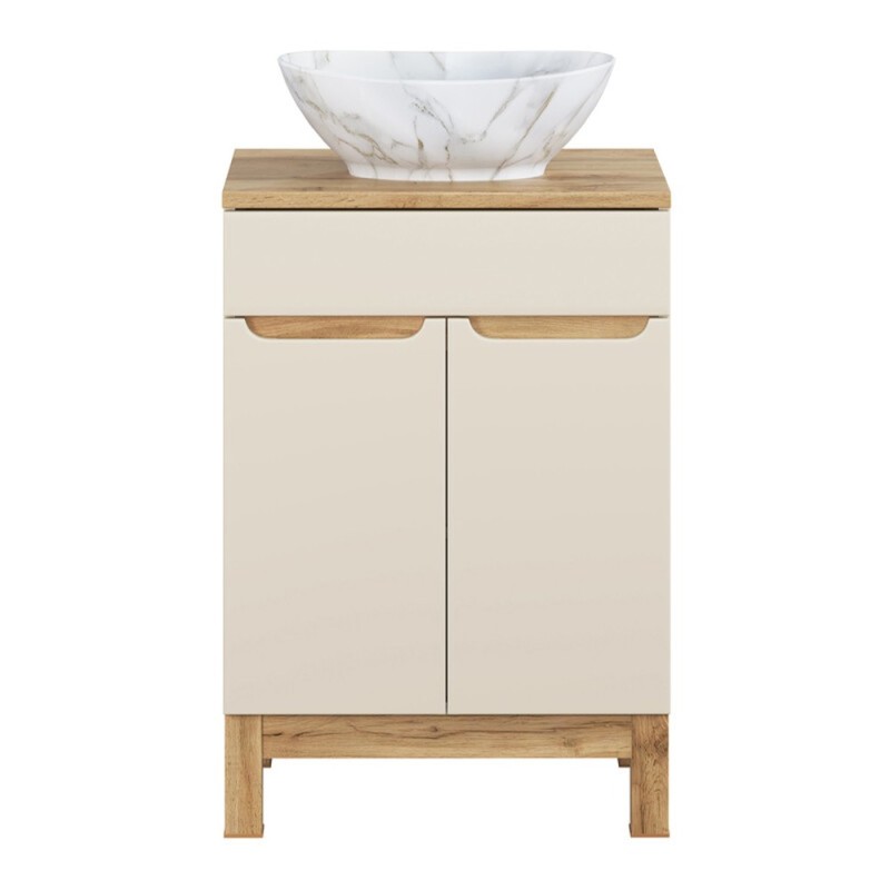 Set mobilier baie Bali Cashmere, MDF, PAL melaminat, cashmir mat/stejar wotan, blat natural wotan, L.60 cm, lavoar Pati, SET-BAC B WOTAN 60CM UN PATI