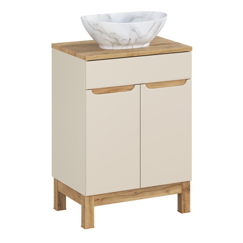 Set mobilier baie Bali Cashmere, MDF, PAL melaminat, cashmir mat/stejar wotan, blat natural wotan, L.60 cm, lavoar Pati, SET-BAC B WOTAN 60CM UN PATI