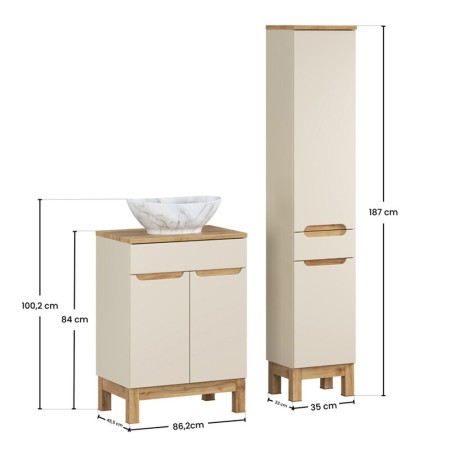 Set mobilier baie Bali Cashmere, MDF, PAL melaminat, cashmir mat/stejar wotan, blat stejar wotan, L.60 cm, lavoar Pati, dulap inalt H.187 cm, SET-BAC B WOTAN 60CM UN PATI HC