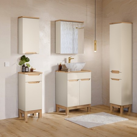 Set mobilier baie Bali Cashmere, MDF, PAL melaminat, cashmir mat/stejar wotan, blat stejar wotan, L.60 cm, lavoar Pati, dulap inalt H.187 cm, SET-BAC B WOTAN 60CM UN PATI HC LC