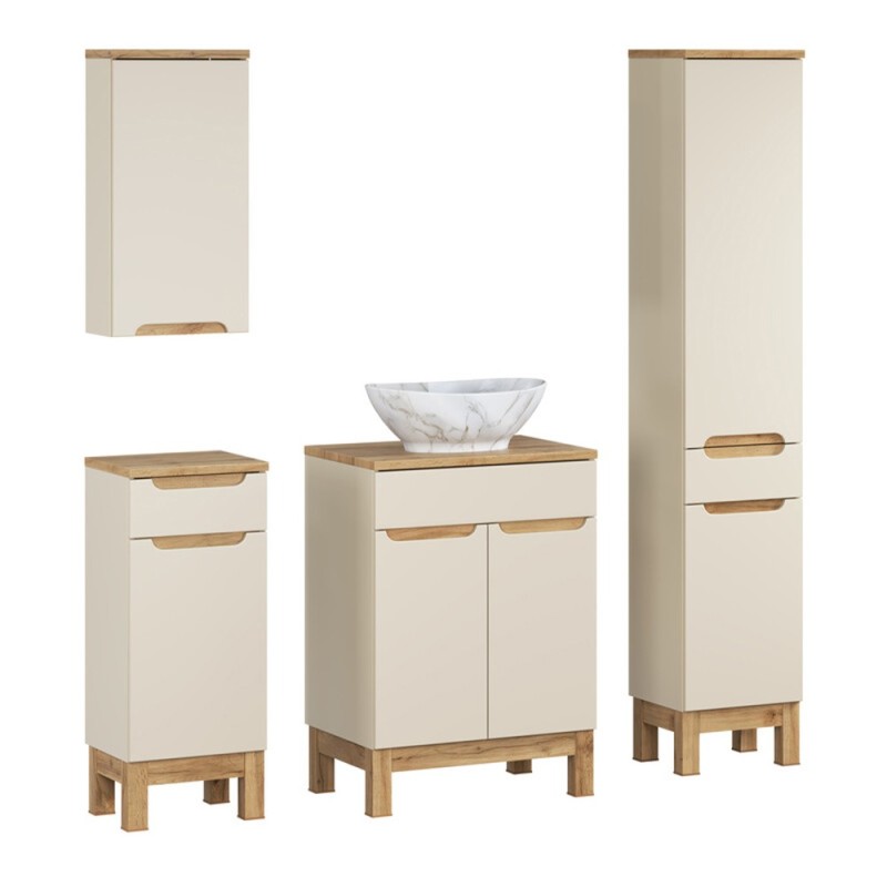 Set mobilier baie Bali Cashmere, MDF, PAL melaminat, cashmir mat/stejar wotan, blat stejar wotan, L.60 cm, lavoar Pati, dulap inalt H.187 cm, SET-BAC B WOTAN 60CM UN PATI HC LC