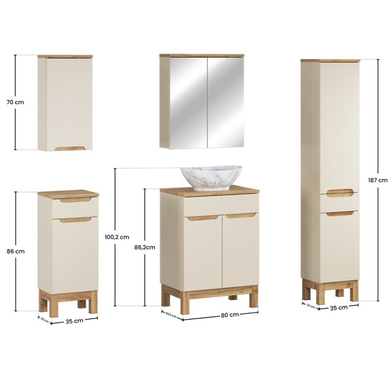 Set mobilier baie Bali Cashmere, MDF, PAL melaminat, cashmir mat/stejar wotan, blat stejar wotan, L.60 cm, lavoar Pati, dulap inalt H.187 cm si dulap cu oglinda, SET-BAC B WOTAN 60CM UN PATI HC MC