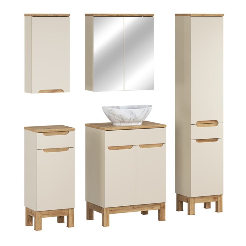 Set mobilier baie Bali Cashmere, MDF, PAL melaminat, cashmir mat/stejar wotan, blat stejar wotan, L.60 cm, lavoar Pati, dulap inalt H.187 cm si dulap cu oglinda, SET-BAC B WOTAN 60CM UN PATI HC MC