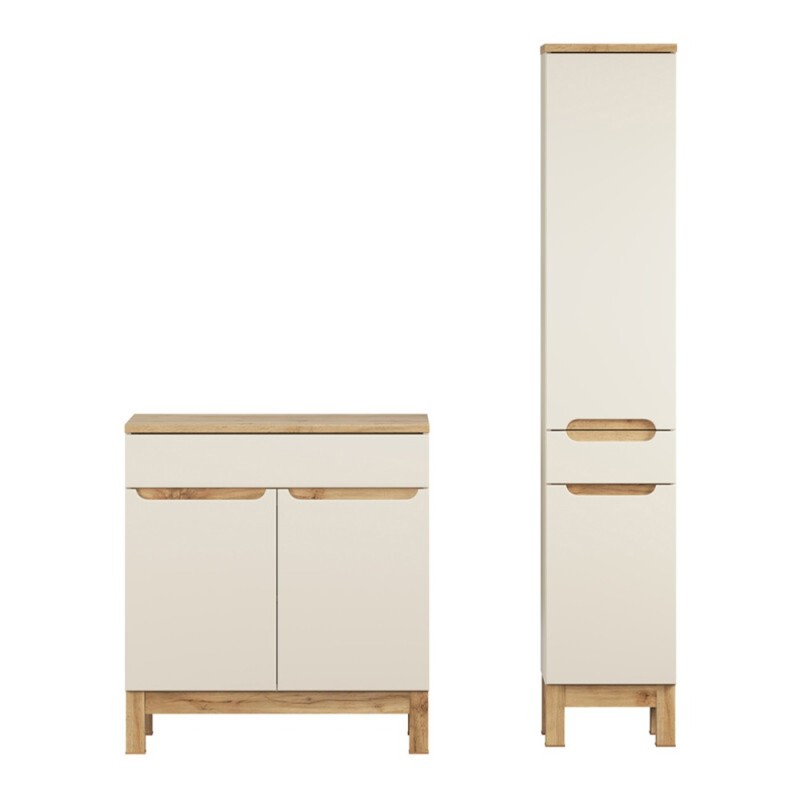 Set mobilier baie Bali Cashmere, MDF, PAL melaminat, cashmir mat/stejar wotan, blat stejar wotan, L.80 cm, dulap inalt H.187 cm, SET-BAC B WOTAN 80CM HC