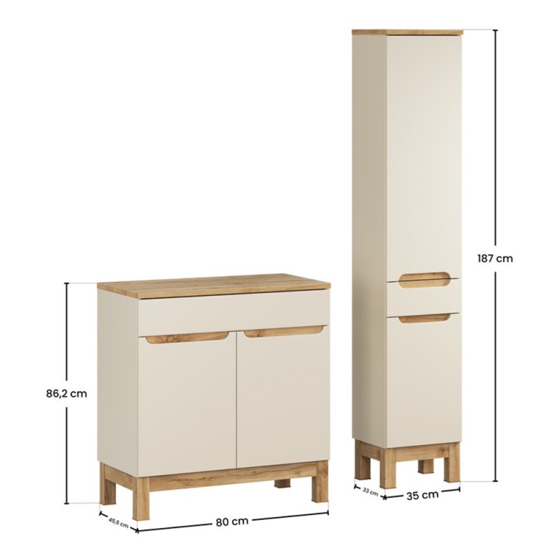 Set mobilier baie Bali Cashmere, MDF, PAL melaminat, cashmir mat/stejar wotan, blat stejar wotan, L.80 cm, dulap inalt H.187 cm, SET-BAC B WOTAN 80CM HC