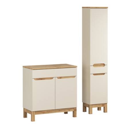 Set mobilier baie Bali Cashmere, MDF, PAL melaminat, cashmir mat/stejar wotan, blat stejar wotan, L.80 cm, dulap inalt H.187 cm, SET-BAC B WOTAN 80CM HC