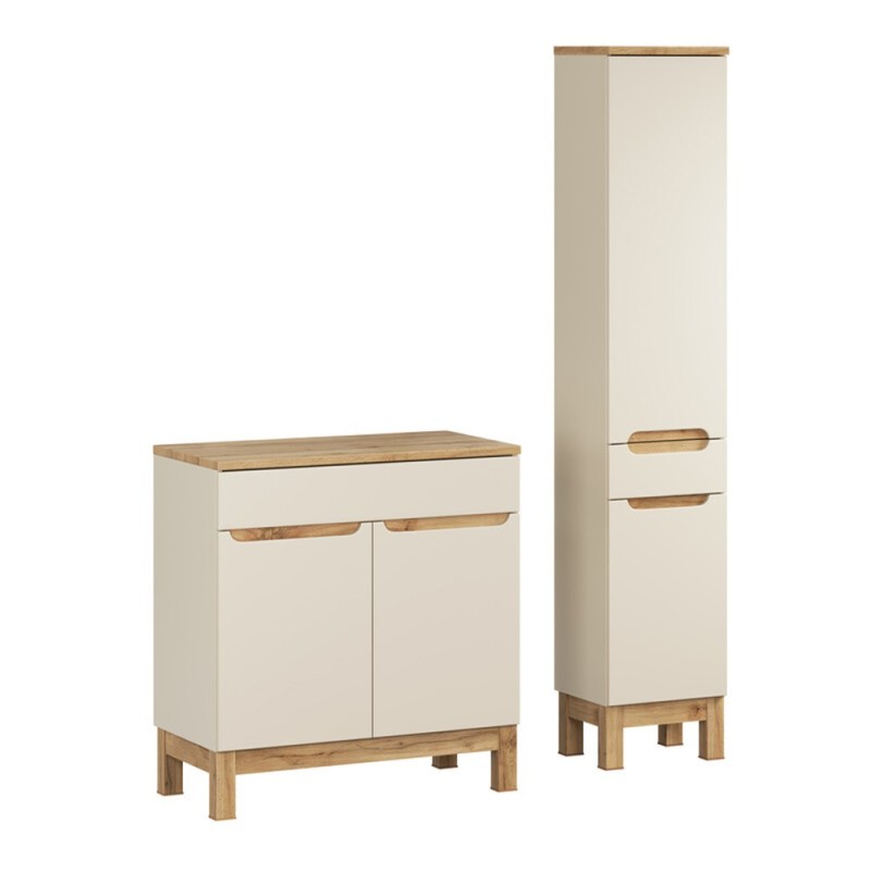 Set mobilier baie Bali Cashmere, MDF, PAL melaminat, cashmir mat/stejar wotan, blat stejar wotan, L.80 cm, dulap inalt H.187 cm, SET-BAC B WOTAN 80CM HC