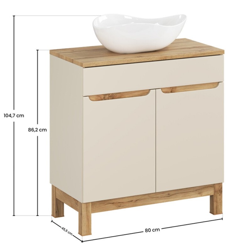 Set mobilier baie Bali Cashmere, MDF, PAL melaminat, cashmir mat/stejar wotan, blat stejar wotan, L.80 cm, lavoar Cloud, SET-BAC B WOTAN 80CM UN CLOUD