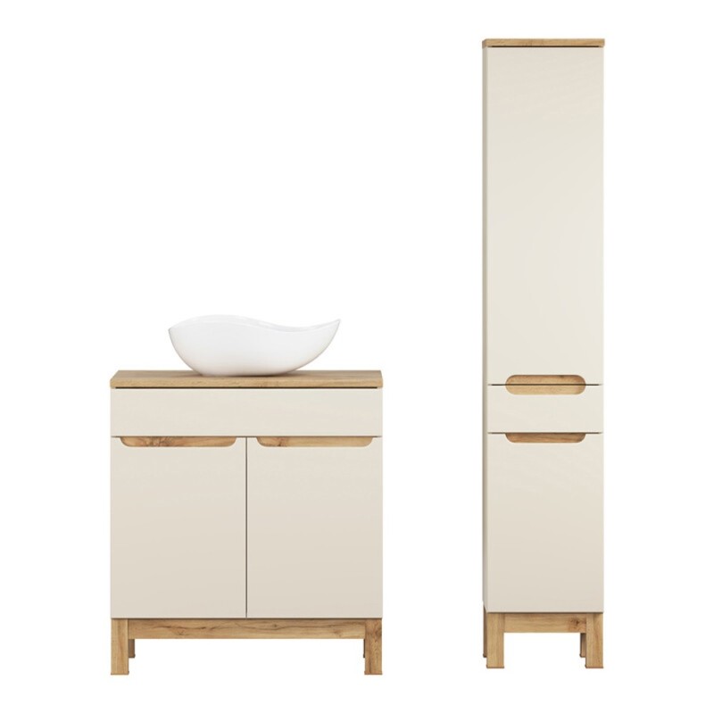 Set mobilier baie Bali Cashmere, MDF, PAL melaminat, cashmir mat/stejar wotan, blat stejar wotan, L.80 cm, lavoar Cloud, dulap inalt H.187 cm, SET-BAC B WOTAN 80CM UN CLOUD HC