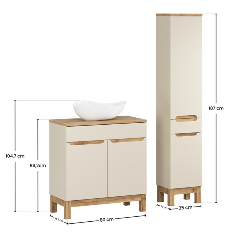 Set mobilier baie Bali Cashmere, MDF, PAL melaminat, cashmir mat/stejar wotan, blat stejar wotan, L.80 cm, lavoar Cloud, dulap inalt H.187 cm, SET-BAC B WOTAN 80CM UN CLOUD HC