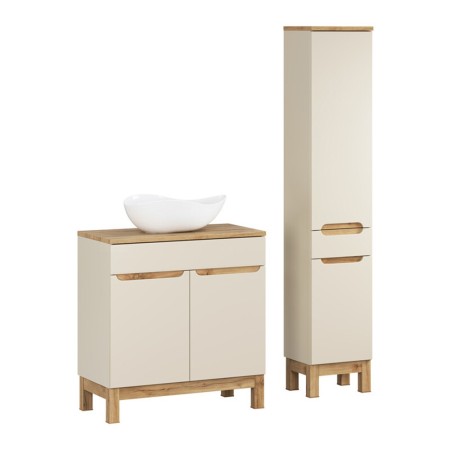 Set mobilier baie Bali Cashmere, MDF, PAL melaminat, cashmir mat/stejar wotan, blat stejar wotan, L.80 cm, lavoar Cloud, dulap inalt H.187 cm, SET-BAC B WOTAN 80CM UN CLOUD HC