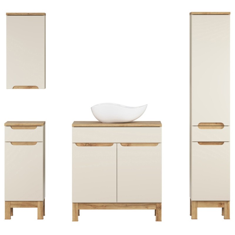 Set mobilier baie Bali Cashmere, MDF, PAL melaminat, cashmir mat/stejar wotan, blat stejar wotan, lavoar Cloud, L.80 cm, dulap inalt H.187 cm, SET-BAC B WOTAN 80CM UN CLOUD HC LC