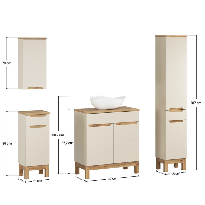 Set mobilier baie Bali Cashmere, MDF, PAL melaminat, cashmir mat/stejar wotan, blat stejar wotan, lavoar Cloud, L.80 cm, dulap inalt H.187 cm, SET-BAC B WOTAN 80CM UN CLOUD HC LC