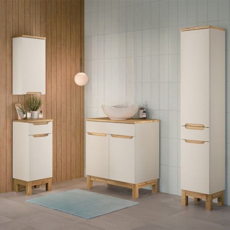 Set mobilier baie Bali Cashmere, MDF, PAL melaminat, cashmir mat/stejar wotan, blat stejar wotan, lavoar Cloud, L.80 cm, dulap inalt H.187 cm, SET-BAC B WOTAN 80CM UN CLOUD HC LC