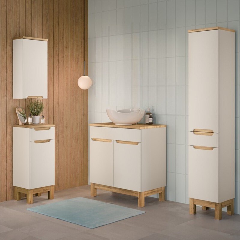 Set mobilier baie Bali Cashmere, MDF, PAL melaminat, cashmir mat/stejar wotan, blat stejar wotan, lavoar Cloud, L.80 cm, dulap inalt H.187 cm, SET-BAC B WOTAN 80CM UN CLOUD HC LC