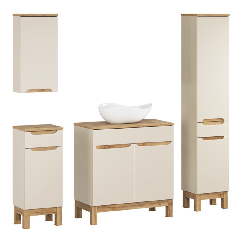 Set mobilier baie Bali Cashmere, MDF, PAL melaminat, cashmir mat/stejar wotan, blat stejar wotan, lavoar Cloud, L.80 cm, dulap inalt H.187 cm, SET-BAC B WOTAN 80CM UN CLOUD HC LC
