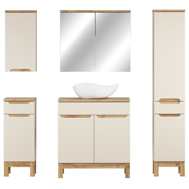 Set mobilier baie Bali Cashmere, MDF, PAL melaminat, cashmir mat/stejar wotan, blat stejar wotan, L.80 cm, lavoar Cloud, dulap inalt H.187 cm si dulap cu oglinda, SET-BAC B WOTAN 80CM UN CLOUD HC MC