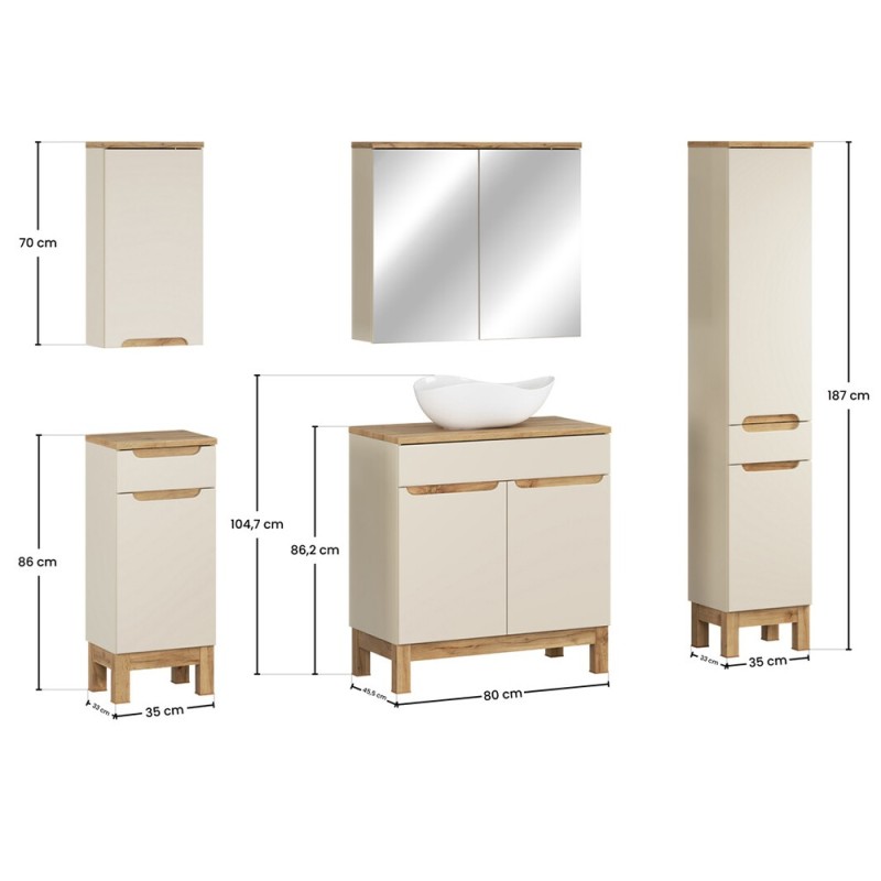 Set mobilier baie Bali Cashmere, MDF, PAL melaminat, cashmir mat/stejar wotan, blat stejar wotan, L.80 cm, lavoar Cloud, dulap inalt H.187 cm si dulap cu oglinda, SET-BAC B WOTAN 80CM UN CLOUD HC MC