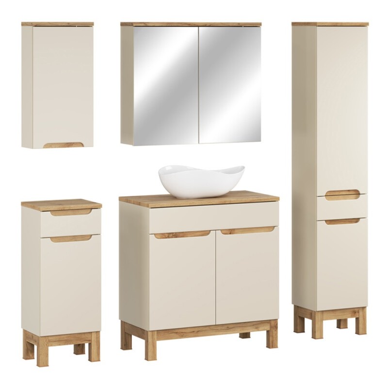 Set mobilier baie Bali Cashmere, MDF, PAL melaminat, cashmir mat/stejar wotan, blat stejar wotan, L.80 cm, lavoar Cloud, dulap inalt H.187 cm si dulap cu oglinda, SET-BAC B WOTAN 80CM UN CLOUD HC MC