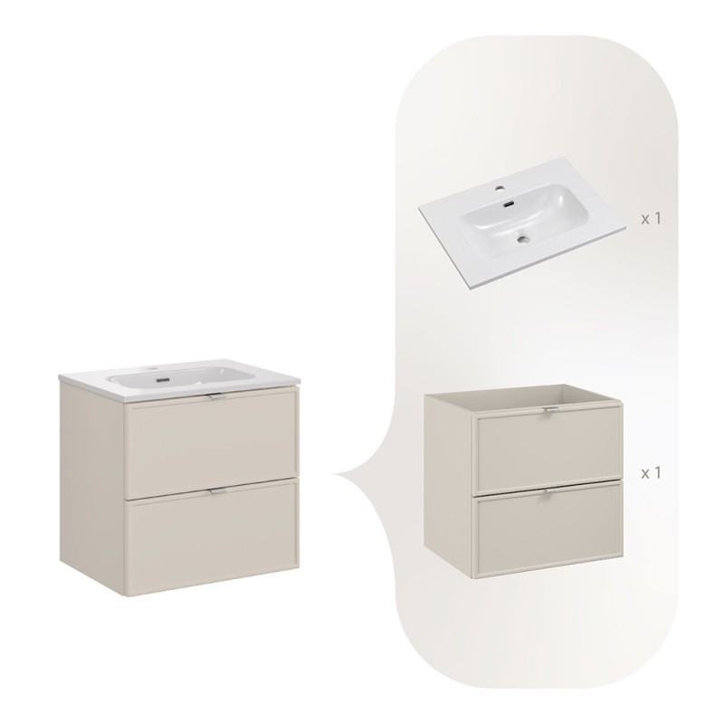 Set mobilier baie Bella Cashmere, MDF, PAL melaminat, cashmir mat, L.60 cm, lavoar Fly, SET-BC 60CM FLY