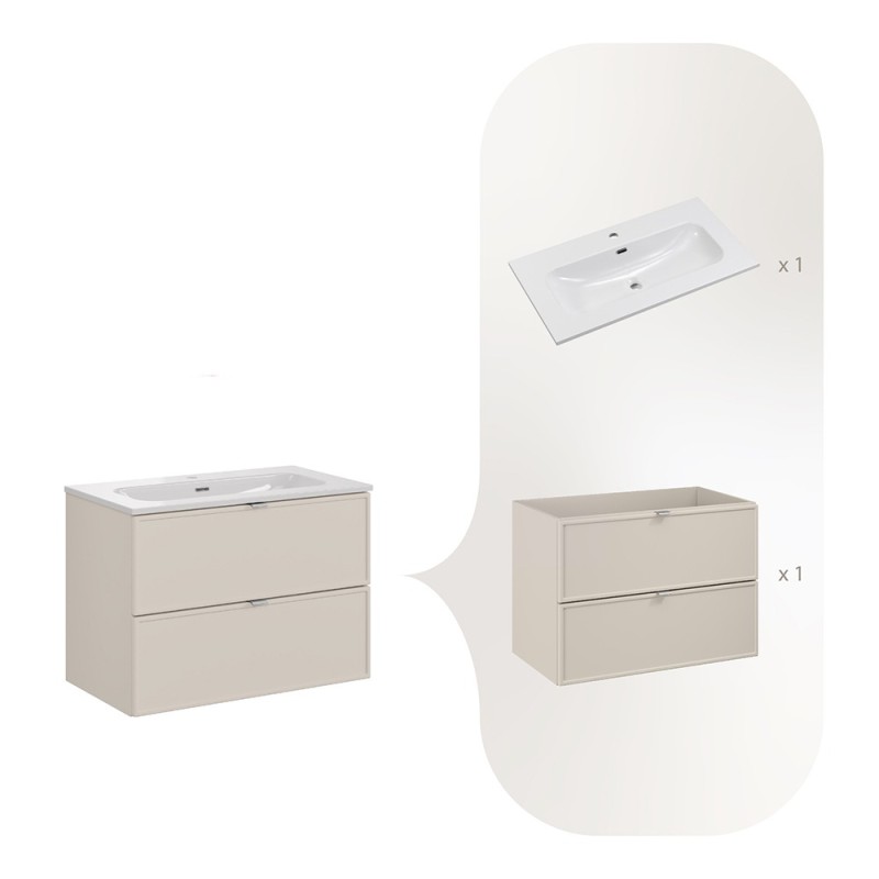 Set mobilier baie Bella Cashmere, MDF, PAL melaminat, cashmir mat, L.80 cm, lavoar Fly, SET-BC 80CM FLY