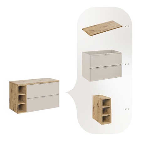 Set mobilier baie Bella Cashmere, MDF, PAL melaminat, cashmir mat, blat stejar artizan, L.100 cm, SET-BC B ARTISAN 100CM R