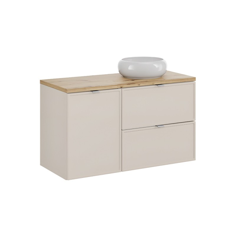 Set mobilier baie Bella Cashmere, MDF, PAL melaminat, cashmir mat, blat stejar artizan, L.100 cm, SET-BC B ARTISAN 100CM UN WIKI WH