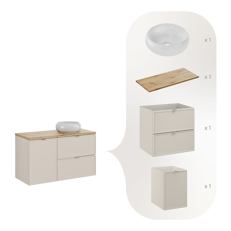 Set mobilier baie Bella Cashmere, MDF, PAL melaminat, cashmir mat, blat stejar artizan, L.100 cm, SET-BC B ARTISAN 100CM UN WIKI WH
