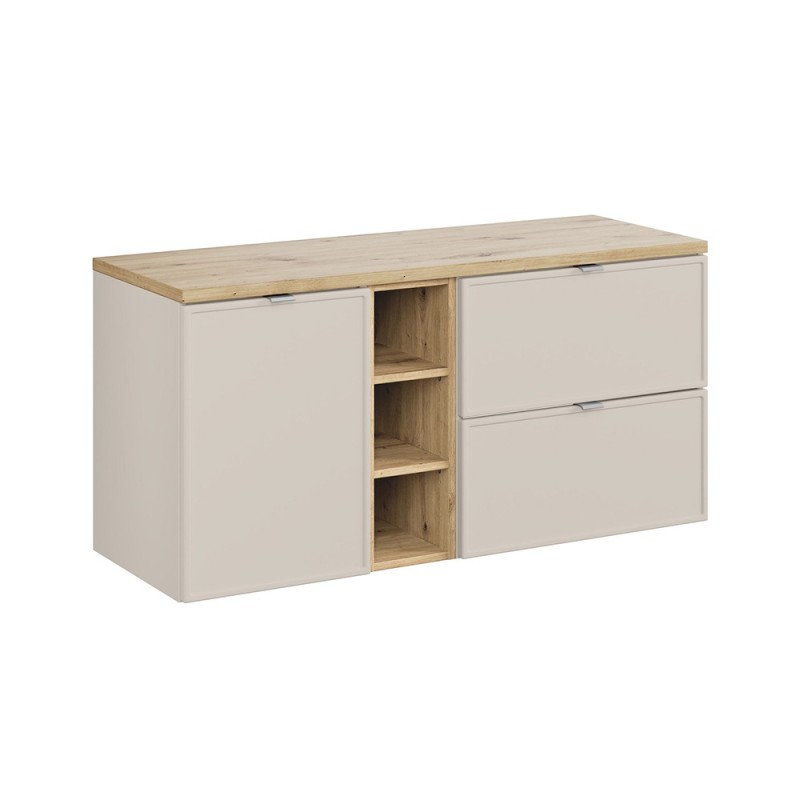 Set mobilier baie Bella Cashmere, MDF, PAL melaminat, cashmir mat, blat stejar artizan, L.120 cm, SET-BC B ARTISAN 120CM LB