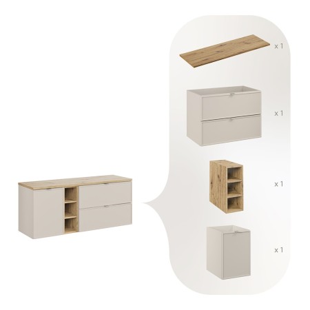 Set mobilier baie Bella Cashmere, MDF, PAL melaminat, cashmir mat, blat stejar artizan, L.140 cm, SET-BC B ARTISAN 140CM LB