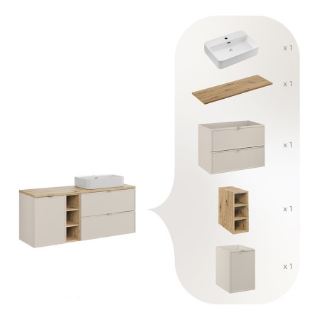 Set mobilier baie Bella Cashmere, MDF, PAL melaminat, cashmir mat, blat stejar artizan, L.140 cm, lavoar Trust, SET-BC B ARTISAN 140CM UN TRUST WH