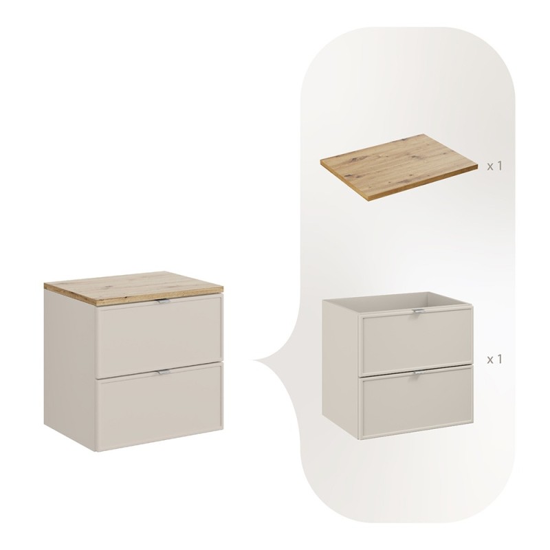Set mobilier baie Bella Cashmere, MDF, PAL melaminat, cashmir mat, blat stejar artizan, L.60 cm, SET-BC B ARTISAN 60CM