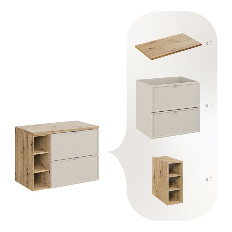 Set mobilier baie Bella Cashmere, MDF, PAL melaminat, cashmir mat, blat stejar artizan, L.80 cm, SET-BC B ARTISAN 80CM R