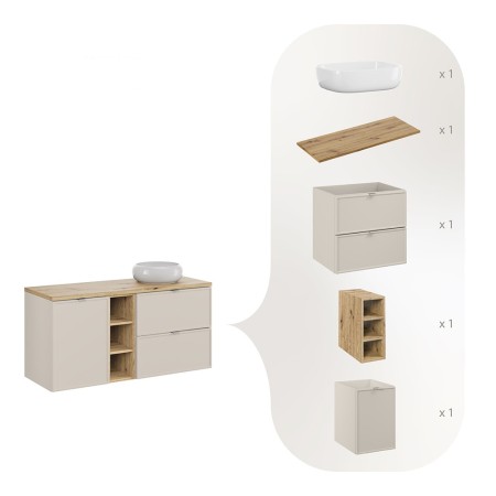 Set mobilier baie Bella Cashmere, MDF, PAL melaminat, cashmir mat, blat stejar artizan, L.120 cm, lavoar Wiki, SET-BC B CASHMERE 120CM WIKI WH