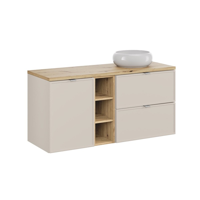 Set mobilier baie Bella Cashmere, MDF, PAL melaminat, cashmir mat, blat stejar artizan, L.120 cm, lavoar Wiki, SET-BC B CASHMERE 120CM WIKI WH