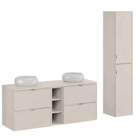 Set mobilier baie Bella Cashmere, MDF, PAL melaminat, cashmir mat, blat cashmir mat, L.140 cm, lavoare Wiki, dulap inalt 170 cm, SET-BC B CASHMERE 140CM UN WIKI WH HC2D