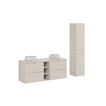 Set mobilier baie Bella Cashmere, MDF, PAL melaminat, cashmir mat, blat cashmir mat, L.140 cm, lavoare Wiki, dulap inalt 170 cm, SET-BC B CASHMERE 140CM UN WIKI WH HC2D