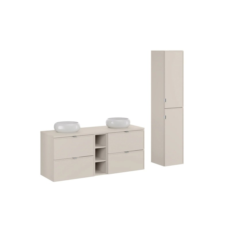 Set mobilier baie Bella Cashmere, MDF, PAL melaminat, cashmir mat, blat cashmir mat, L.140 cm, lavoare Wiki, dulap inalt 170 cm, SET-BC B CASHMERE 140CM UN WIKI WH HC2D