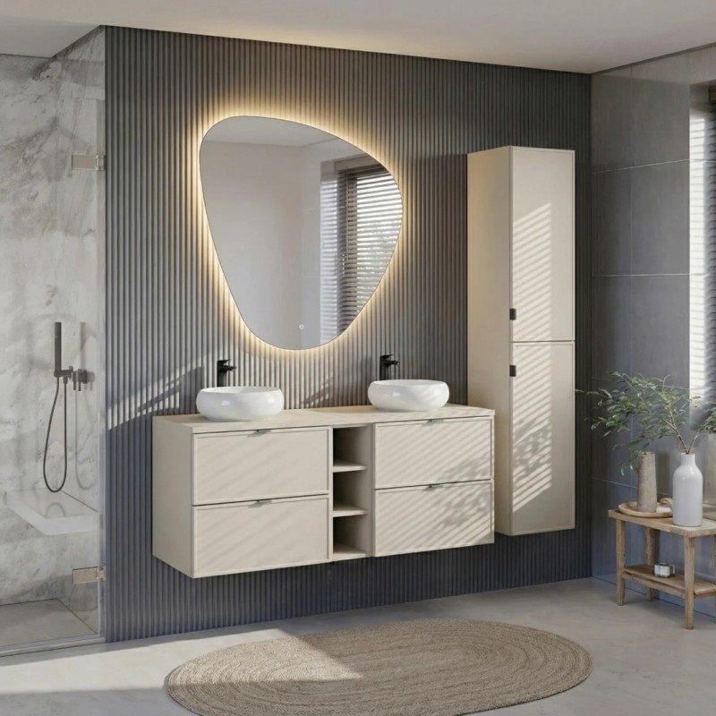 Set mobilier baie Bella Cashmere, MDF, PAL melaminat, cashmir mat, blat cashmir mat, L.140 cm, lavoare Wiki, dulap inalt 170 cm, SET-BC B CASHMERE 140CM UN WIKI WH HC2D