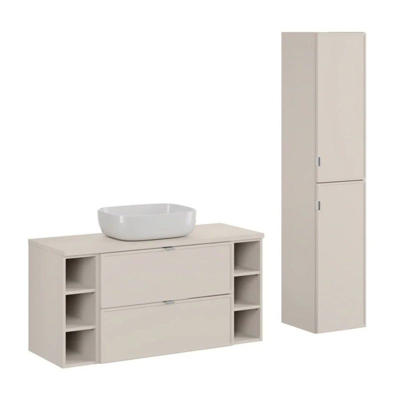 Set mobilier baie Bella Cashmere, MDF, PAL melaminat, cashmir mat, blat cashmir mat, L.100 cm, lavoar Smile 50, dulap inalt 170 cm, SET-BC CASHMERE 120CM UN SMILE 50 HC2D