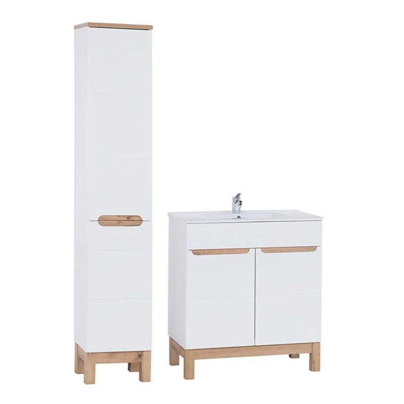 Set mobilier baie Bali White, MDF, PAL melaminat, alb, L.80 cm, lavoar Lava, dulap inalt H.187 cm, SET-BW LAVA 80CM BALI 804