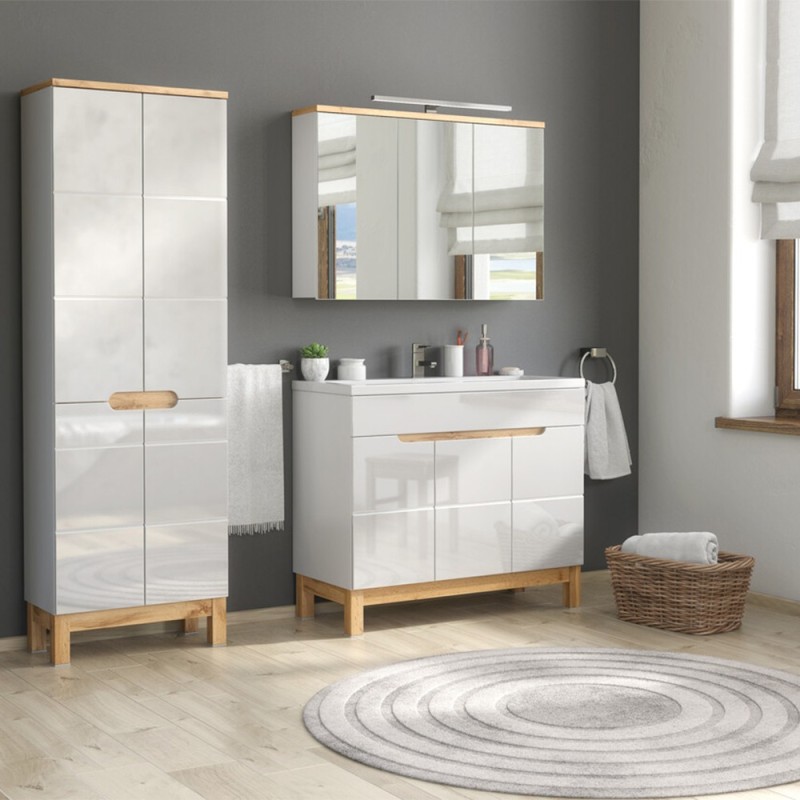 Set mobilier baie Bali White, MDF, PAL melaminat, alb, L.100 cm, dulap inalt H.187 cm, SET-BW SPIRIT 100