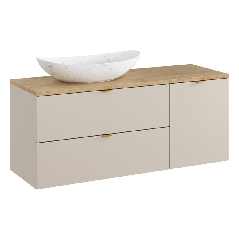 Set mobilier de baie Dalia Cashmere, PAL melaminat, cashmir mat, blat natural cremona, L.120 cm, lavoar Lena, SET-DC B CREMONA 120CM UN LENA LB