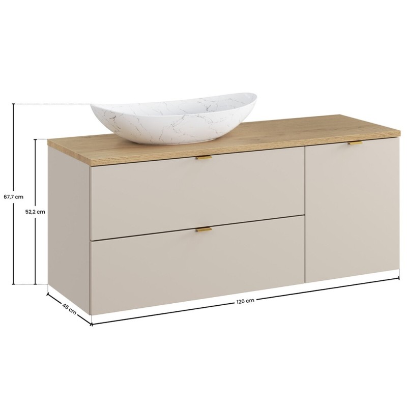 Set mobilier de baie Dalia Cashmere, PAL melaminat, cashmir mat, blat natural cremona, L.120 cm, lavoar Lena, SET-DC B CREMONA 120CM UN LENA LB