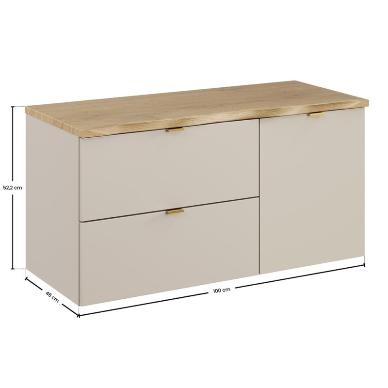 Set mobilier de baie Dalia Cashmere, PAL melaminat, cashmir mat, blat natural cremona, L.100 cm, SET-DC B NAT CREMONA 100CM LB